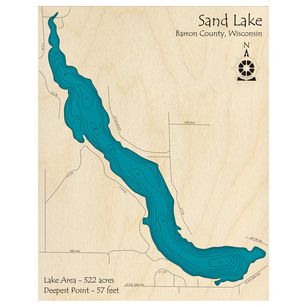 Bathymetric topo map of Sand Lake, WI with roads, towns and depths noted in blue water.