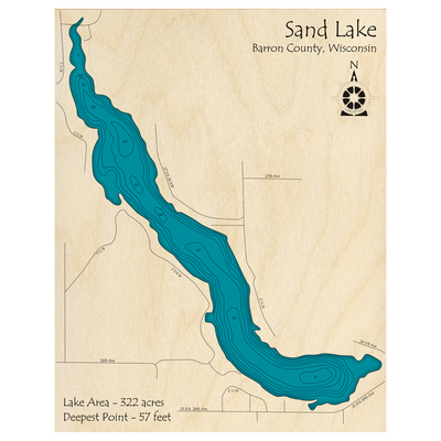 Bathymetric topo map of Sand Lake, WI with roads, towns and depths noted in blue water.