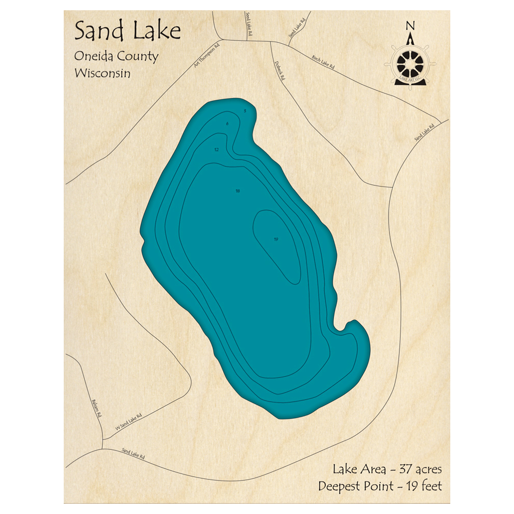 Bathymetric topo map of Sand Lake, WI with roads, towns and depths noted in blue water.