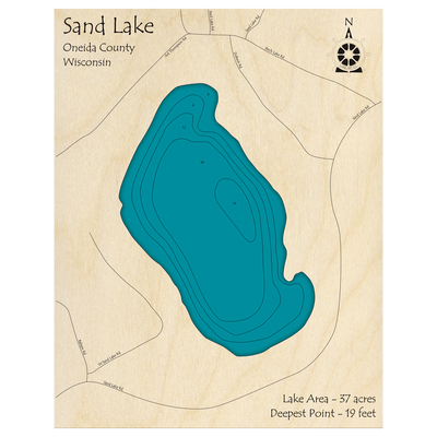 Bathymetric topo map of Sand Lake, WI with roads, towns and depths noted in blue water.