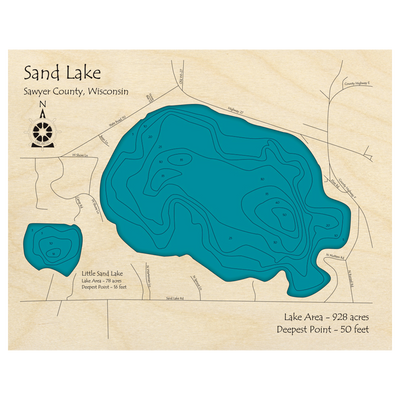 Bathymetric topo map of Sand Lake, WI with roads, towns and depths noted in blue water.