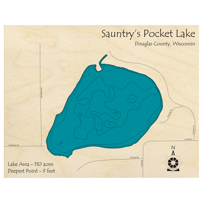 Bathymetric topo map of Sauntrys Pocket Lake, WI with roads, towns and depths noted in blue water.