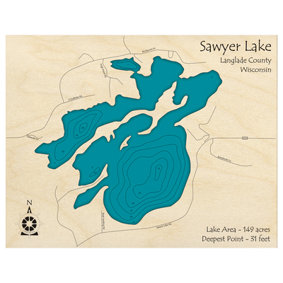 Bathymetric topo map of Sawyer Lake, WI with roads, towns and depths noted in blue water.