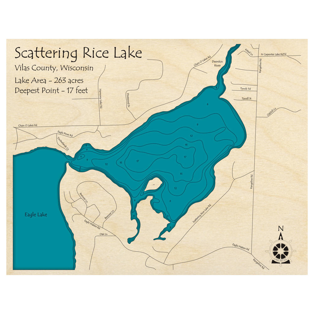 Bathymetric topo map of Scattering Rice Lake, WI with roads, towns and depths noted in blue water.