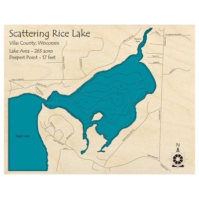 Bathymetric topo map of Scattering Rice Lake, WI with roads, towns and depths noted in blue water.
