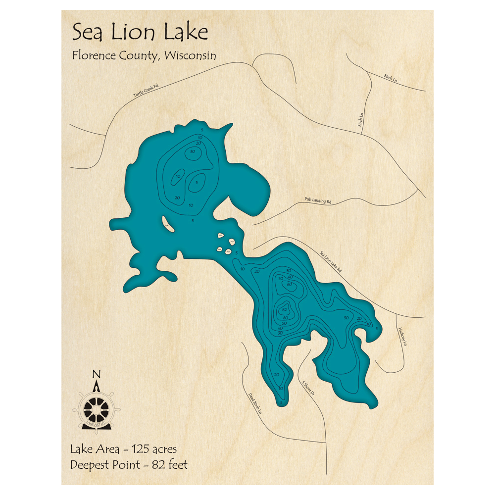 Bathymetric topo map of Sea Lion Lake, WI with roads, towns and depths noted in blue water.