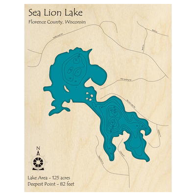 Bathymetric topo map of Sea Lion Lake, WI with roads, towns and depths noted in blue water.