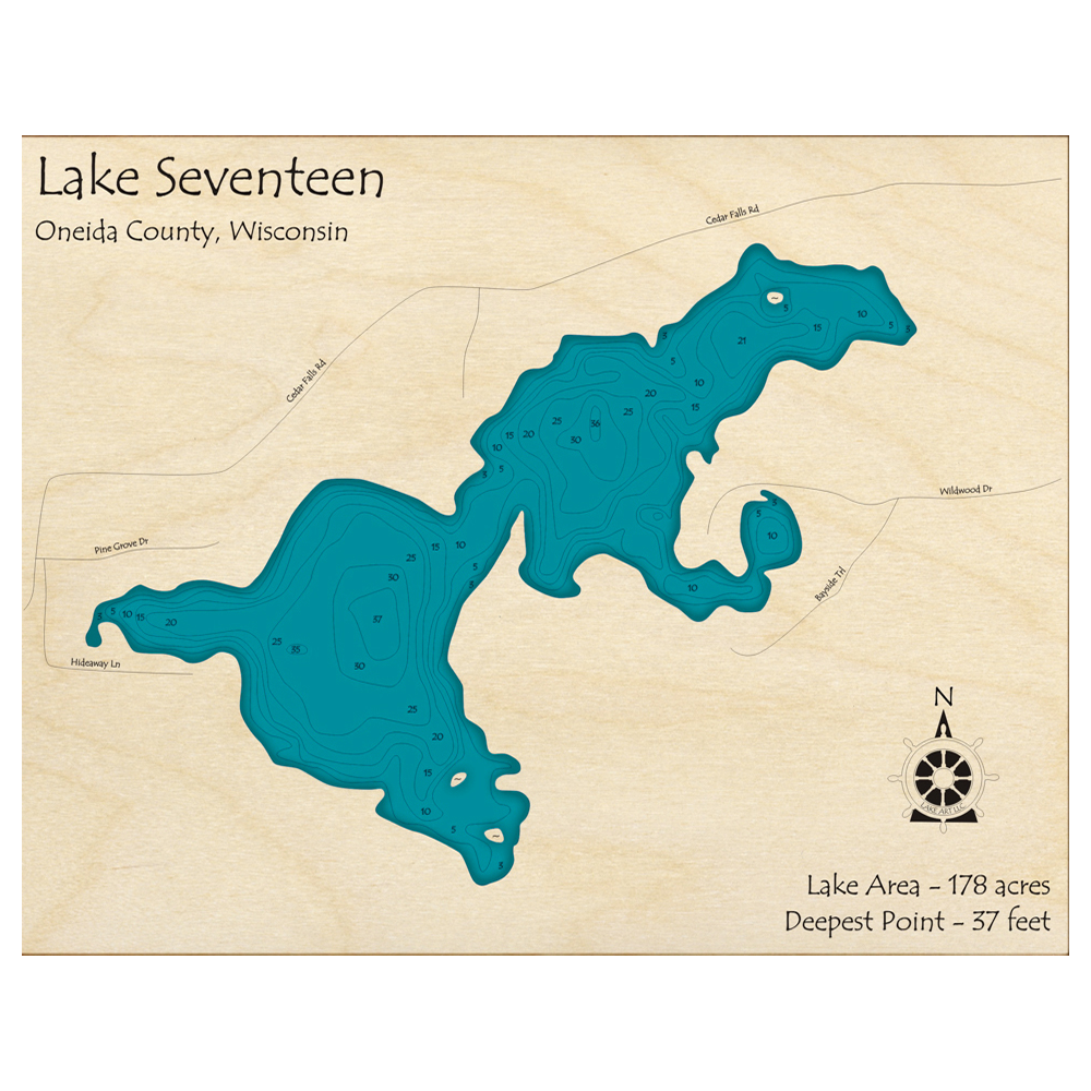 Bathymetric topo map of Lake Seventeen, WI with roads, towns and depths noted in blue water.