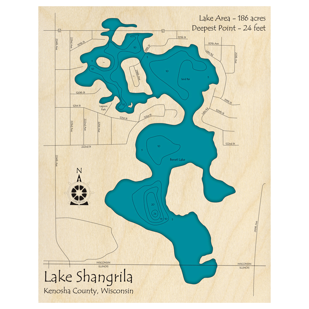 Bathymetric topo map of Lake Shangrila, WI with roads, towns and depths noted in blue water.