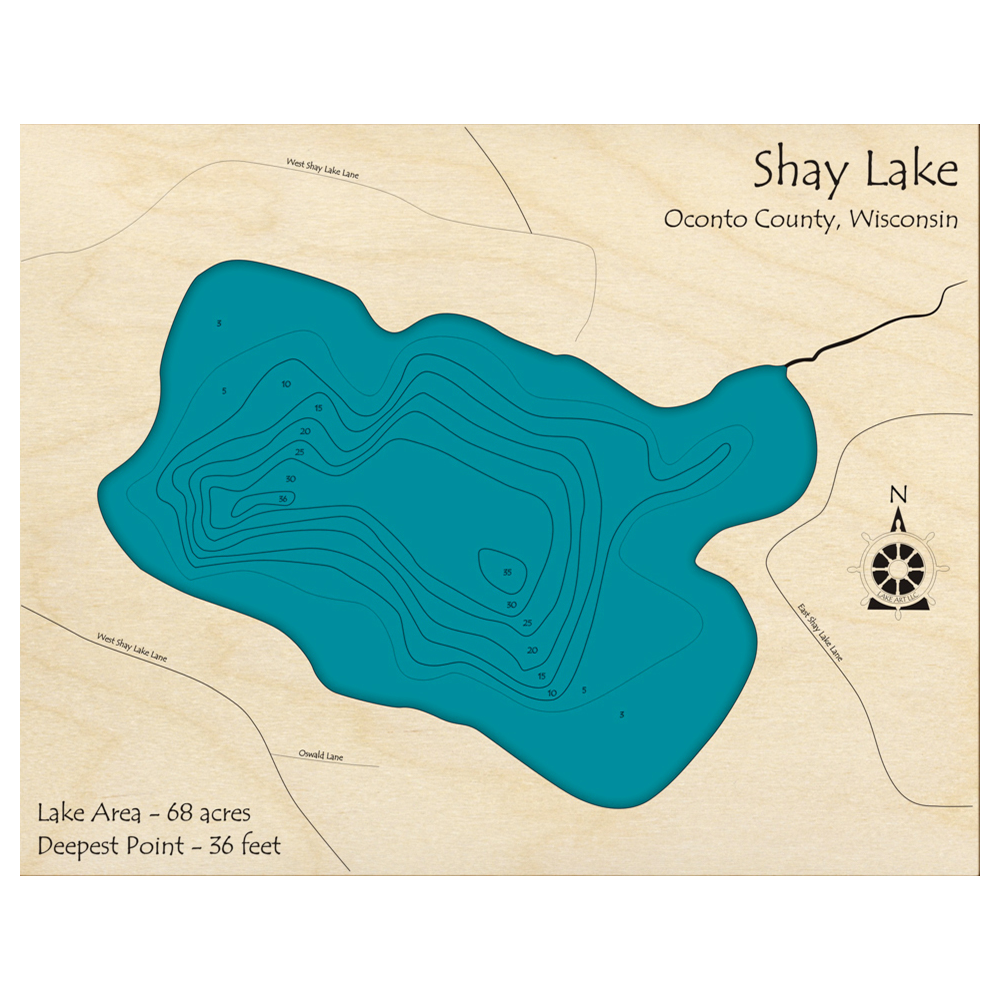 Bathymetric topo map of Shay Lake, WI with roads, towns and depths noted in blue water.