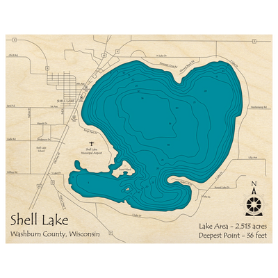 Bathymetric topo map of Shell Lake, WI with roads, towns and depths noted in blue water.
