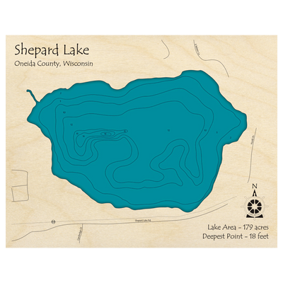 Bathymetric topo map of Shepard Lake, WI with roads, towns and depths noted in blue water.