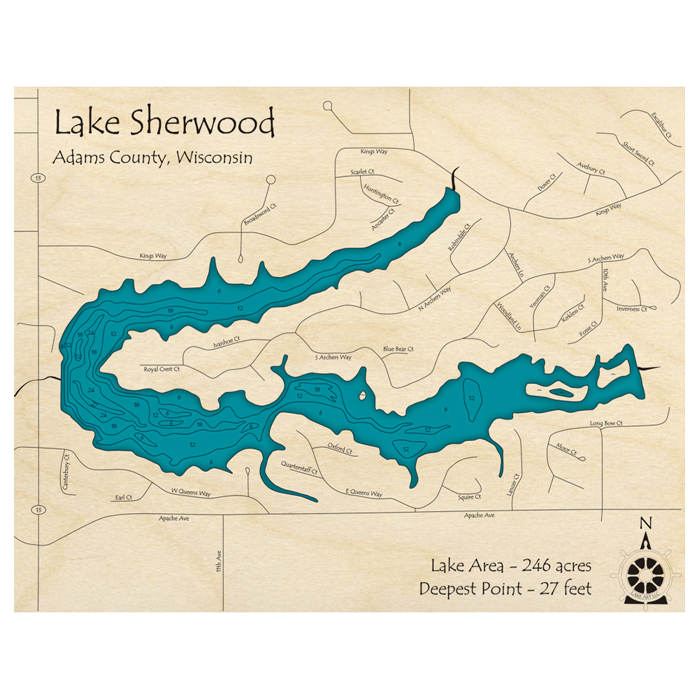 Bathymetric topo map of Lake Sherwood, WI with roads, towns and depths noted in blue water.