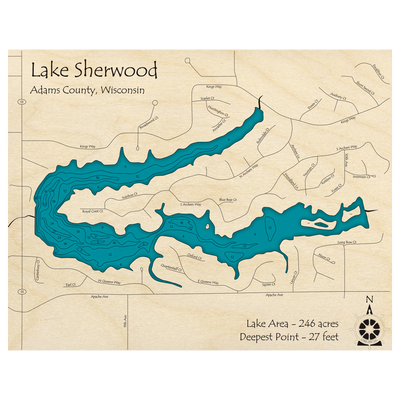 Bathymetric topo map of Lake Sherwood, WI with roads, towns and depths noted in blue water.