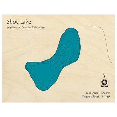 Bathymetric topo map of Shoe Lake, WI with roads, towns and depths noted in blue water.