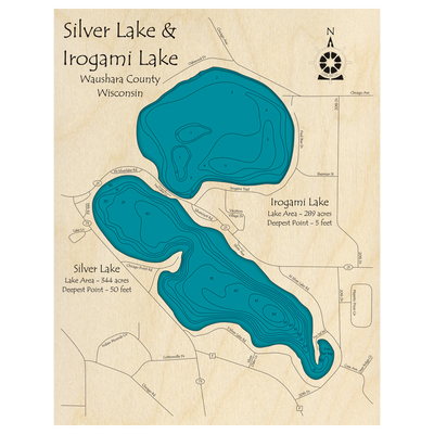 Bathymetric topo map of Silver Lake, WI with roads, towns and depths noted in blue water.