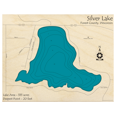 Bathymetric topo map of Silver Lake, WI with roads, towns and depths noted in blue water.