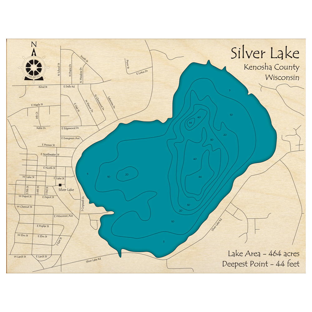 Bathymetric topo map of Silver Lake, WI with roads, towns and depths noted in blue water.