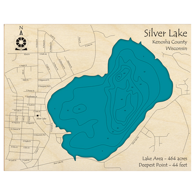 Bathymetric topo map of Silver Lake, WI with roads, towns and depths noted in blue water.