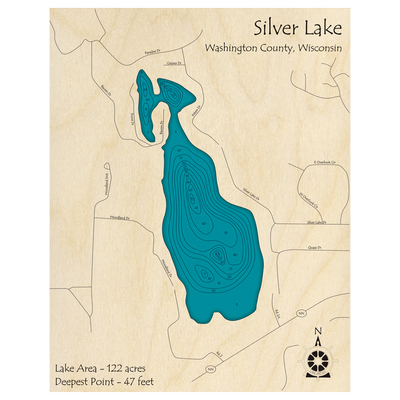 Bathymetric topo map of Silver Lake, WI with roads, towns and depths noted in blue water.