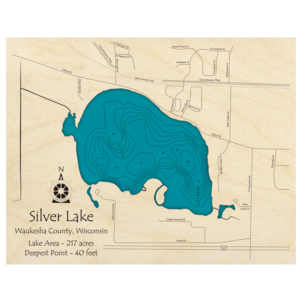 Bathymetric topo map of Silver Lake, WI with roads, towns and depths noted in blue water.