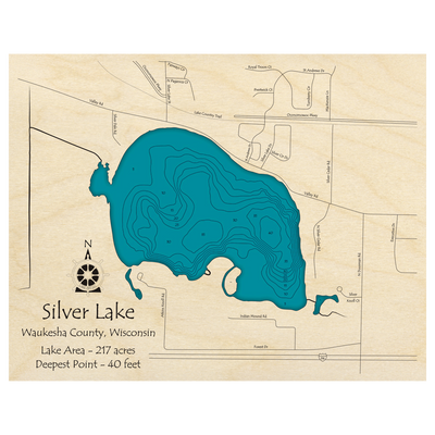 Bathymetric topo map of Silver Lake, WI with roads, towns and depths noted in blue water.