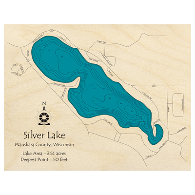 Bathymetric topo map of Silver Lake, WI with roads, towns and depths noted in blue water.