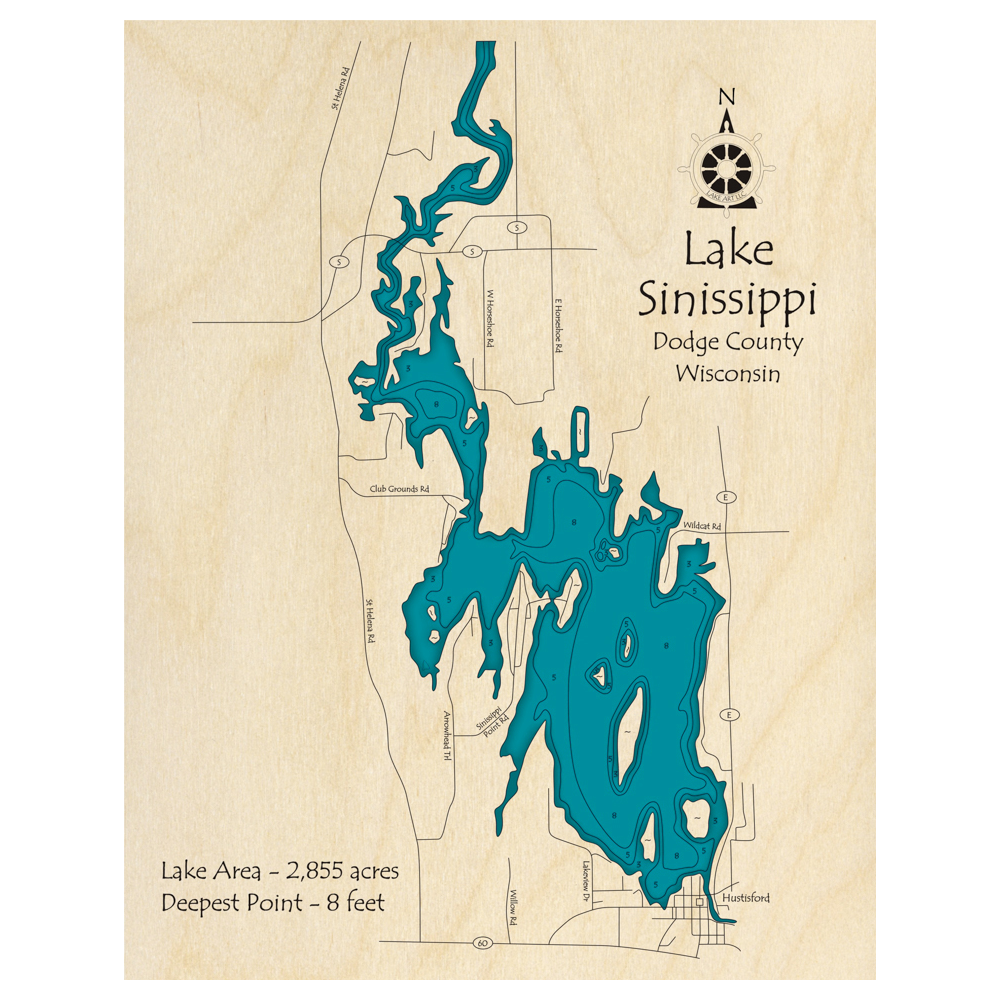 Bathymetric topo map of Lake Sinissippi, WI with roads, towns and depths noted in blue water.