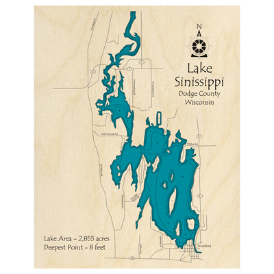 Bathymetric topo map of Lake Sinissippi, WI with roads, towns and depths noted in blue water.