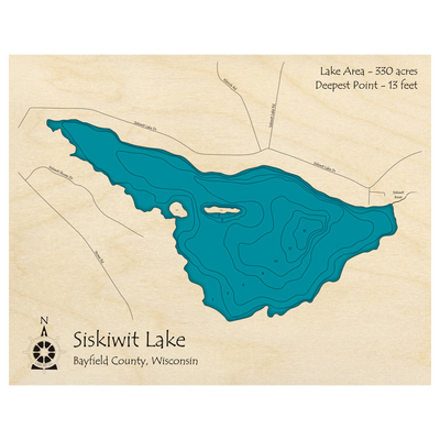 Bathymetric topo map of Siskiwit Lake, WI with roads, towns and depths noted in blue water.