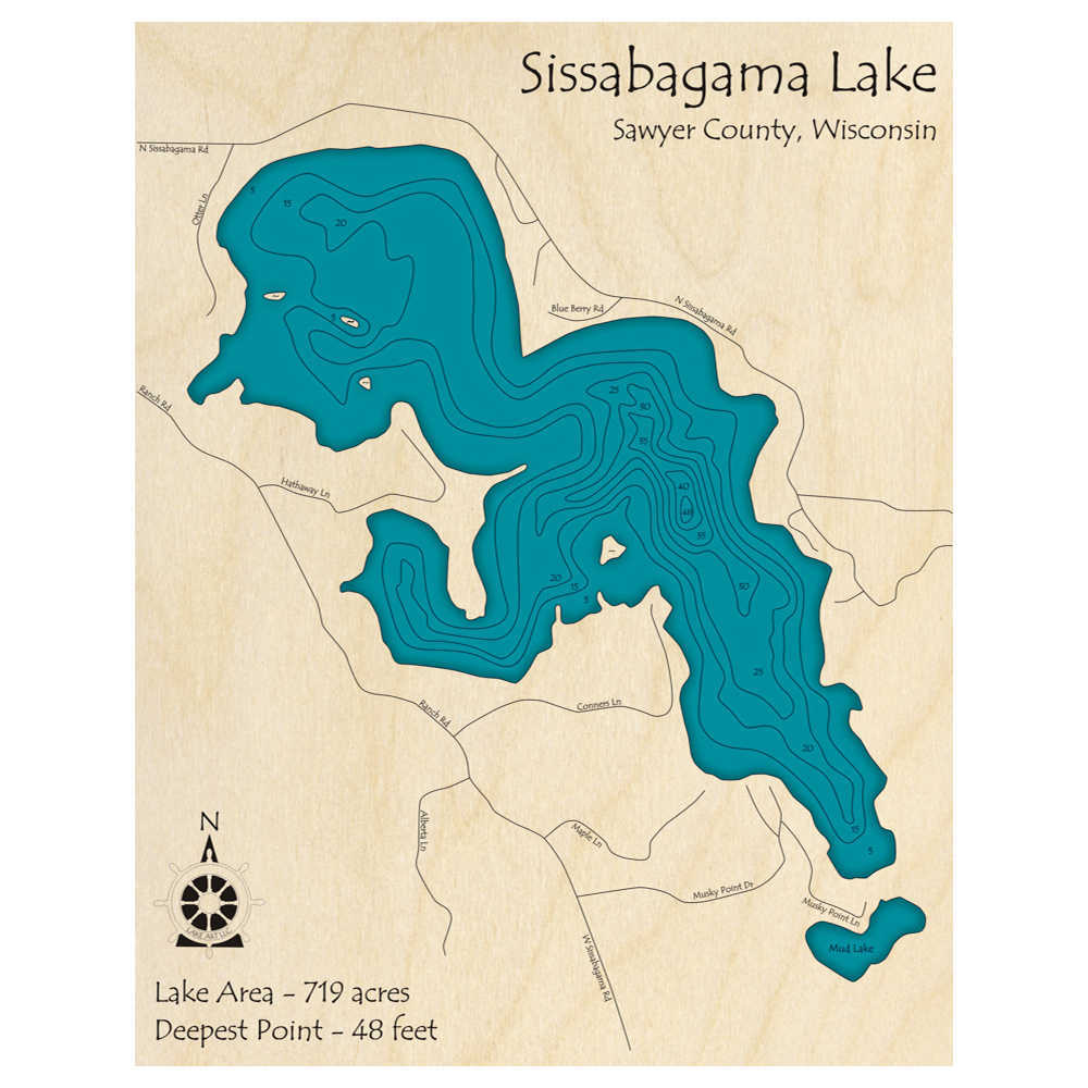 Bathymetric topo map of Sissabagama Lake, WI with roads, towns and depths noted in blue water.