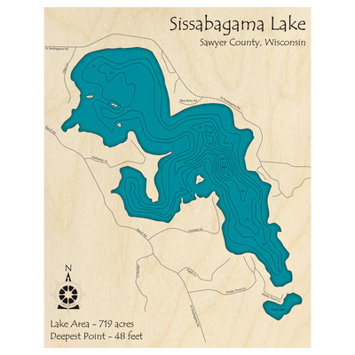 Bathymetric topo map of Sissabagama Lake, WI with roads, towns and depths noted in blue water.