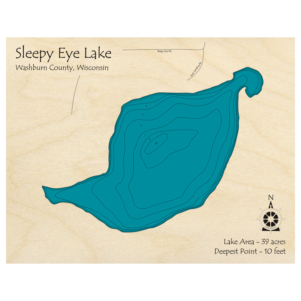 Bathymetric topo map of Sleepy Eye Lake, WI with roads, towns and depths noted in blue water.