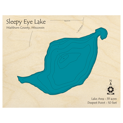 Bathymetric topo map of Sleepy Eye Lake, WI with roads, towns and depths noted in blue water.