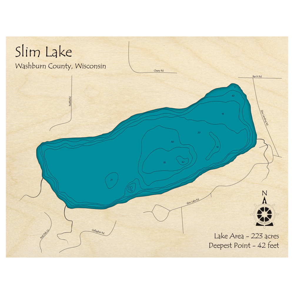 Bathymetric topo map of Slim Lake, WI with roads, towns and depths noted in blue water.