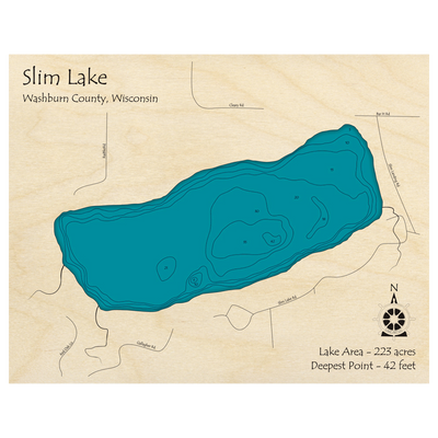 Bathymetric topo map of Slim Lake, WI with roads, towns and depths noted in blue water.