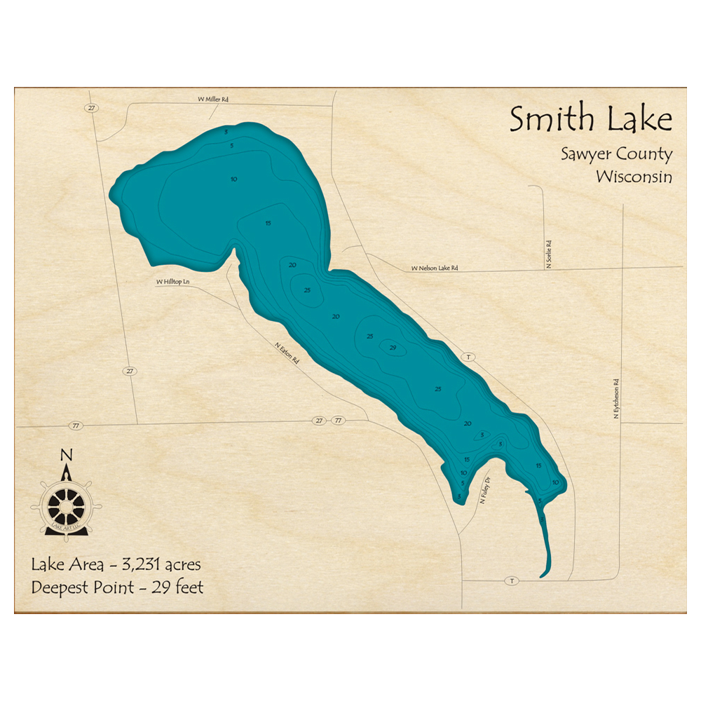 Bathymetric topo map of Smith Lake, WI with roads, towns and depths noted in blue water.