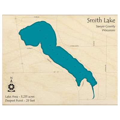 Bathymetric topo map of Smith Lake, WI with roads, towns and depths noted in blue water.