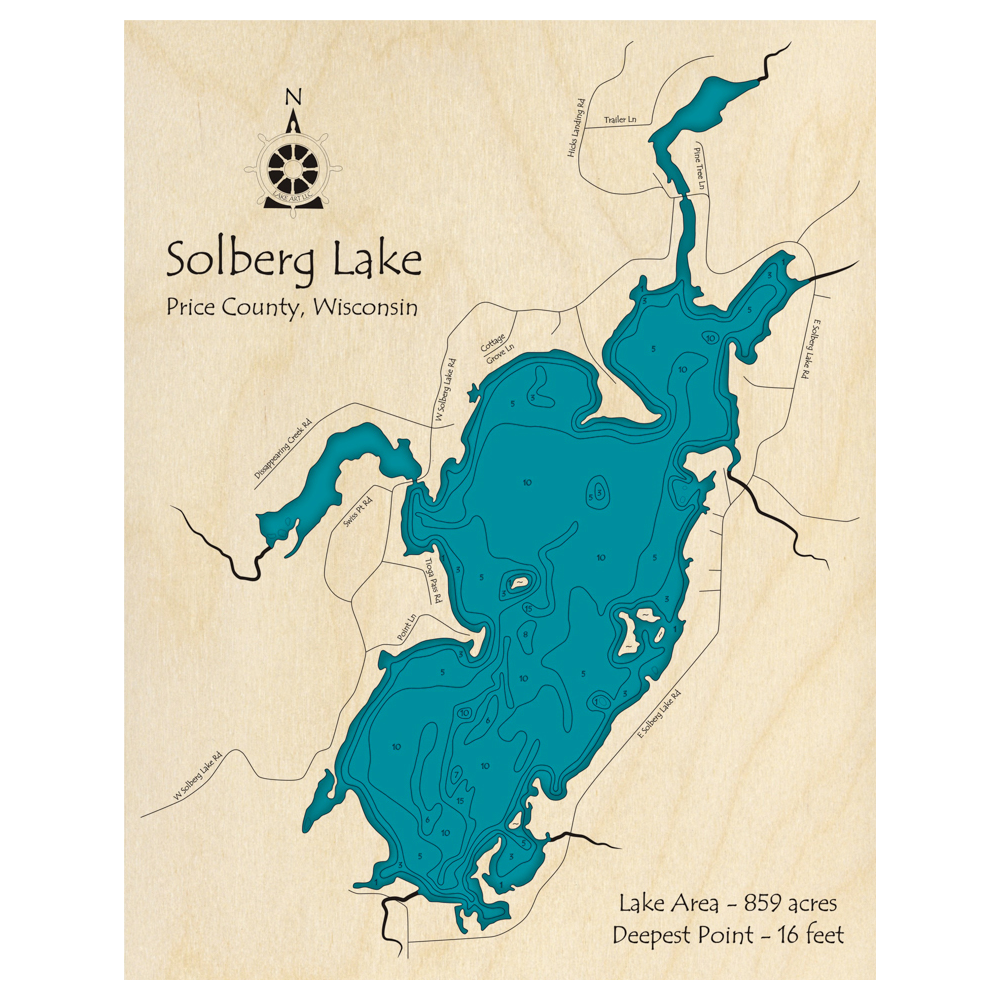 Bathymetric topo map of Solberg Lake, WI with roads, towns and depths noted in blue water.