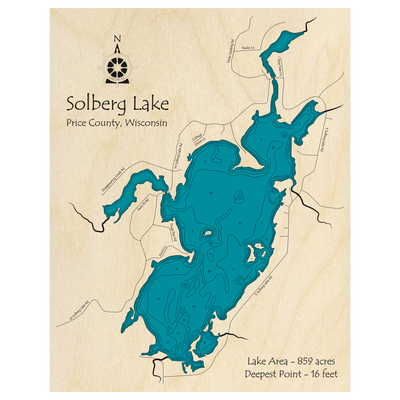 Bathymetric topo map of Solberg Lake, WI with roads, towns and depths noted in blue water.