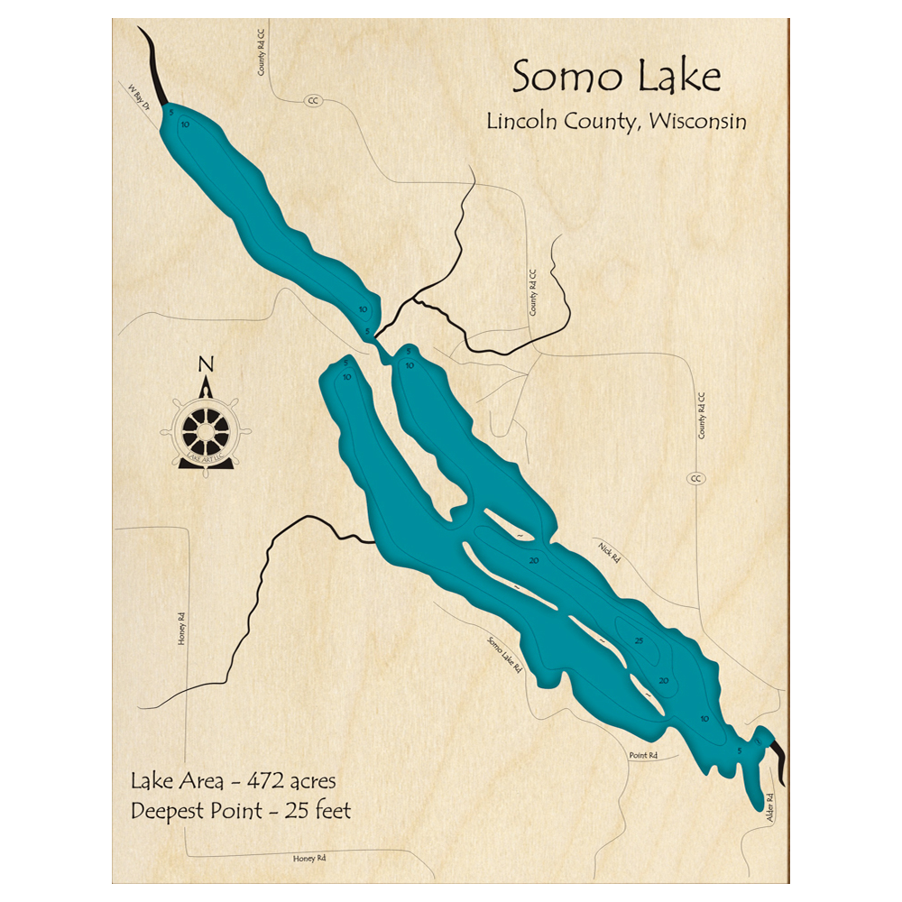 Bathymetric topo map of Somo Lake, WI with roads, towns and depths noted in blue water.