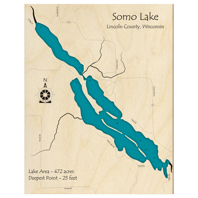 Bathymetric topo map of Somo Lake, WI with roads, towns and depths noted in blue water.