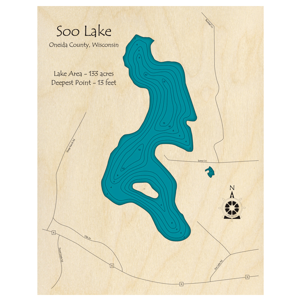 Bathymetric topo map of Soo Lake, WI with roads, towns and depths noted in blue water.