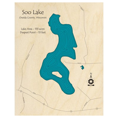 Bathymetric topo map of Soo Lake, WI with roads, towns and depths noted in blue water.
