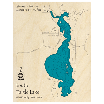 Bathymetric topo map of South Turtle Lake, WI with roads, towns and depths noted in blue water.