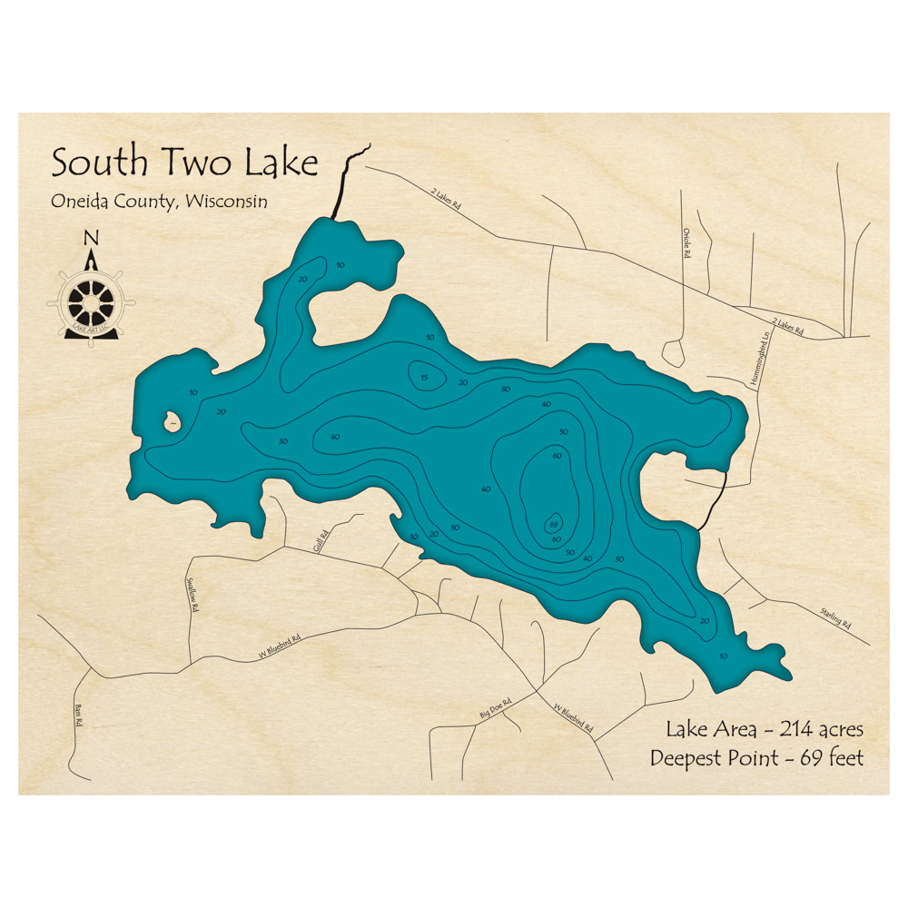 Bathymetric topo map of South Two Lake, WI with roads, towns and depths noted in blue water.