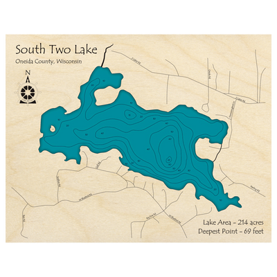 Bathymetric topo map of South Two Lake, WI with roads, towns and depths noted in blue water.