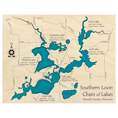 Bathymetric topo map of Southern Loon Chain of Lakes, WI with roads, towns and depths noted in blue water.