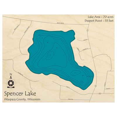 Bathymetric topo map of Spencer Lake, WI with roads, towns and depths noted in blue water.