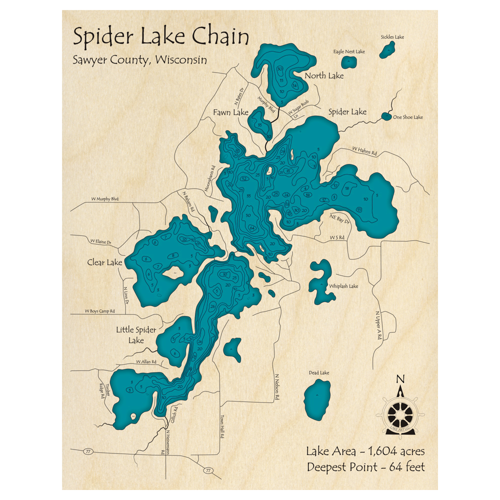 Bathymetric topo map of Spider Lake Chain, WI with roads, towns and depths noted in blue water.